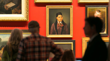 Toi Art at Te Papa Portrait wall in Turangawaewae Art and New Zealand 2018. Photograph by Jo Moore. Te Papa. 1